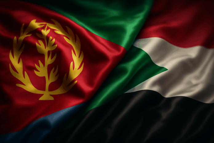 Eritrean President visit Sudan – official diplomatic meeting Flags of Eritrea and Sudan intertwined.